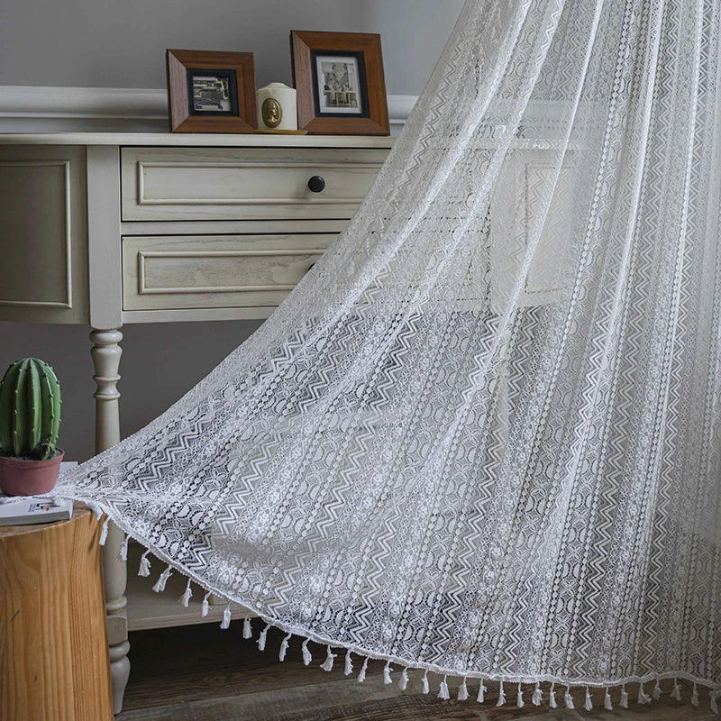 Boho Curtain Crochet Lace Semi-Sheer Hollow Knitted with Tassels Home Decoration for Kitchen Living Room Bedroom Window Curtains