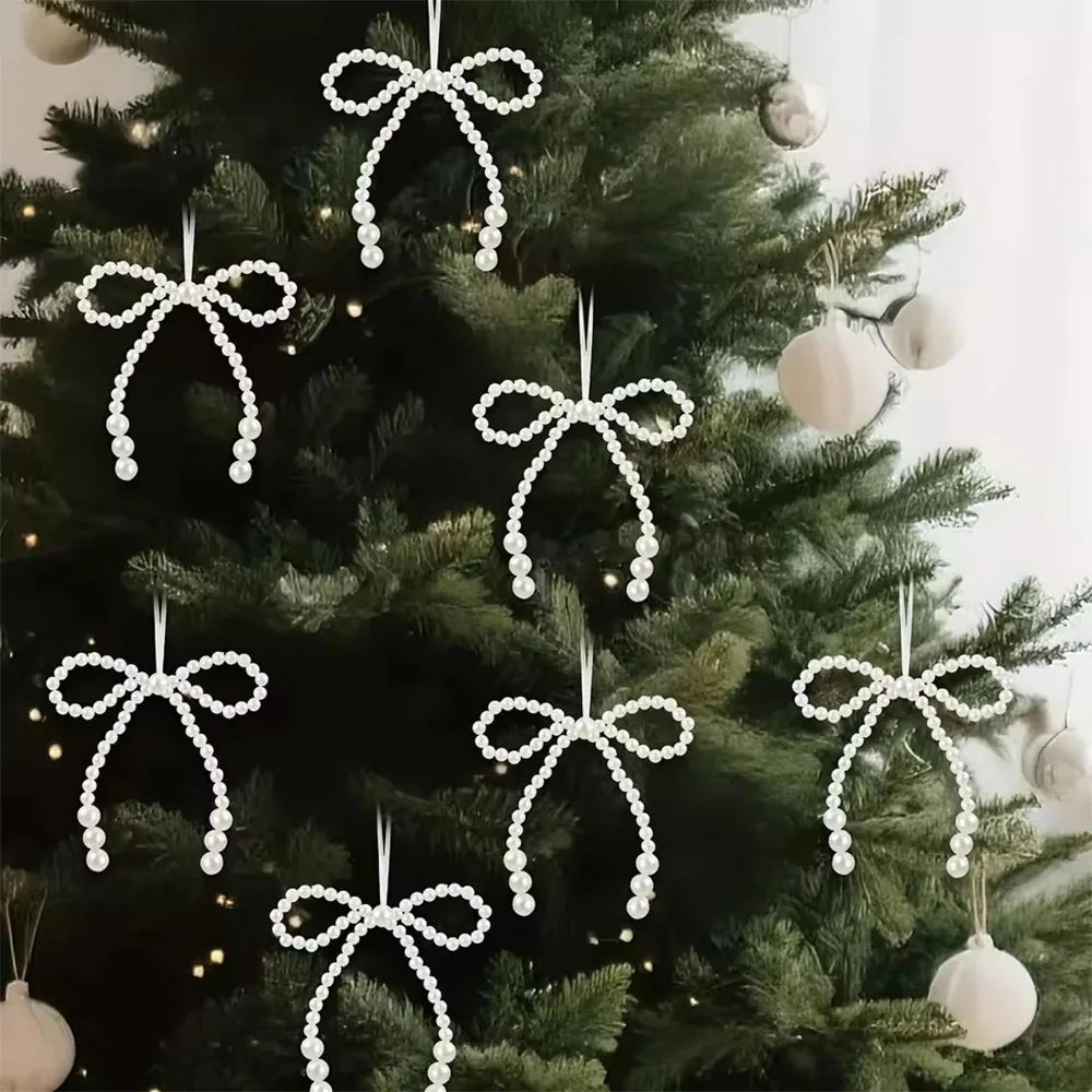 12Pcs New Hand Woven Imitation Pearl Bow Christmas Decoration Christmas Fringe Pendant Holiday Party Girls Room Decor Supplies
