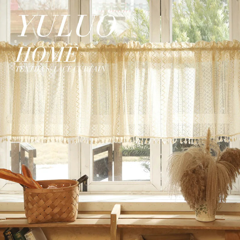 Boho Curtain Crochet Lace Semi-Sheer Hollow Knitted with Tassels Home Decoration for Kitchen Living Room Bedroom Window Curtains