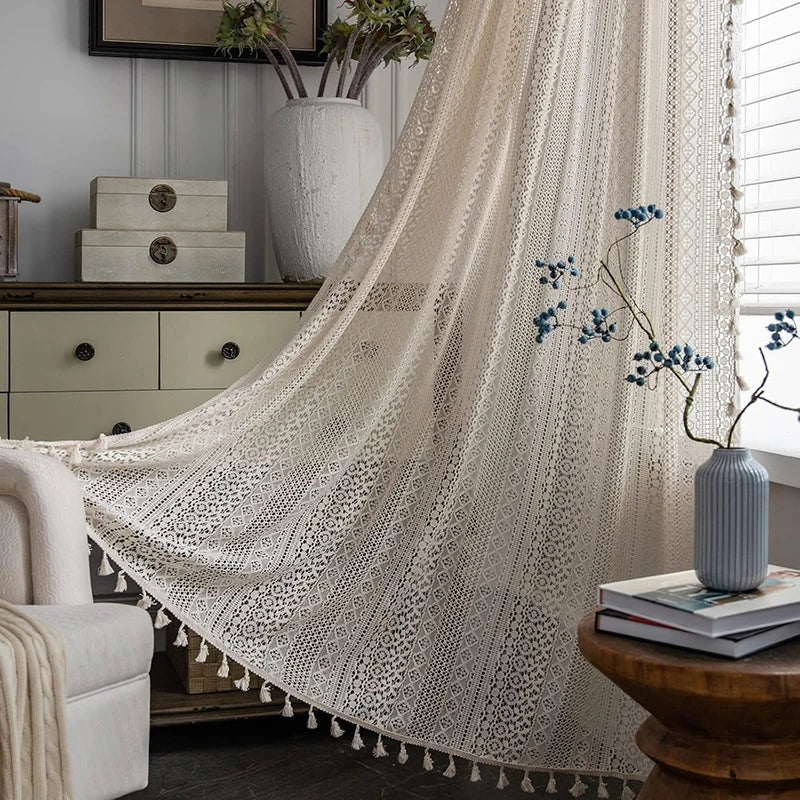 Boho Curtain Crochet Lace Semi-Sheer Hollow Knitted with Tassels Home Decoration for Kitchen Living Room Bedroom Window Curtains