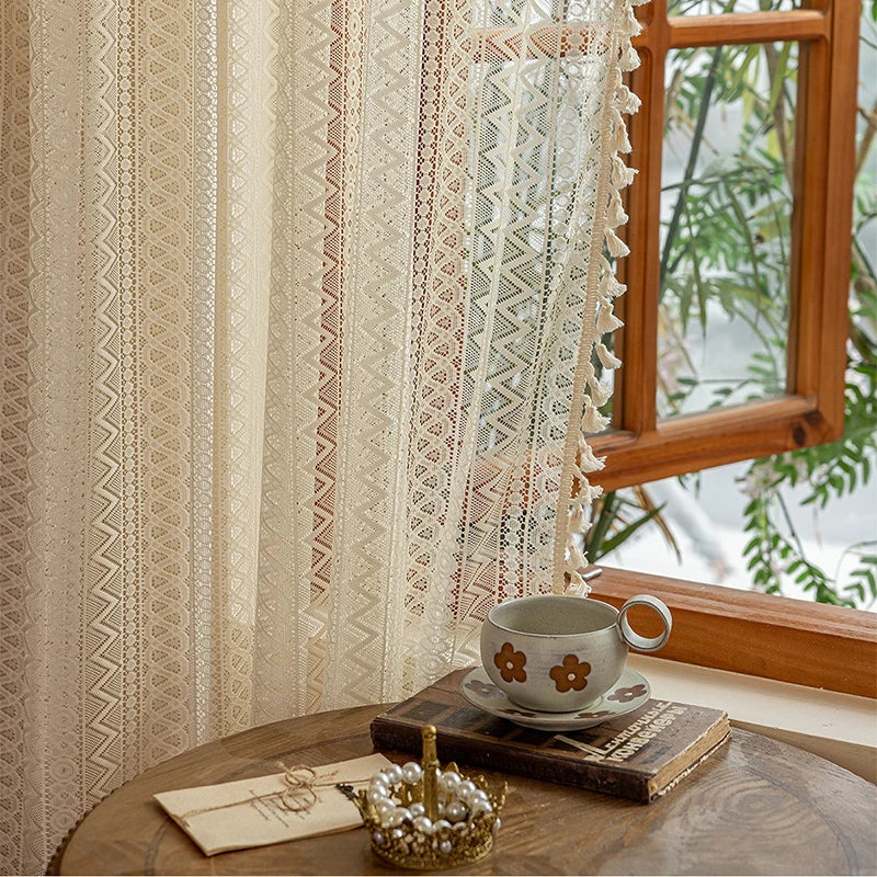 Boho Curtain Crochet Lace Semi-Sheer Hollow Knitted with Tassels Home Decoration for Kitchen Living Room Bedroom Window Curtains