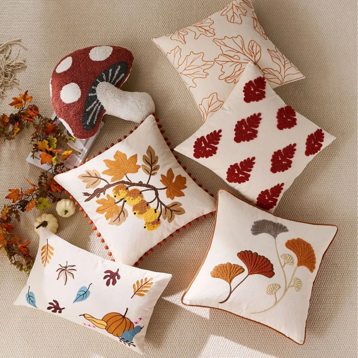 Autumn Throw Pillow Covers Jacquard Embroidery Ginkgo&Maple Leaf Wheat Cushion Case for Home Living Room Thanksgiving Decor