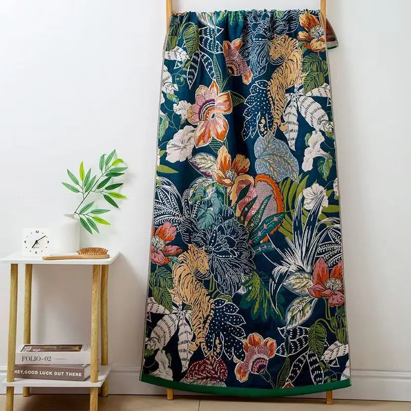 Pure Cotton Bathtowel Muslin Gauze Yarn Dyed Floral Pattern Bathroom Towel Large Size Thicken Adults Quick Drying Wrapped Towel