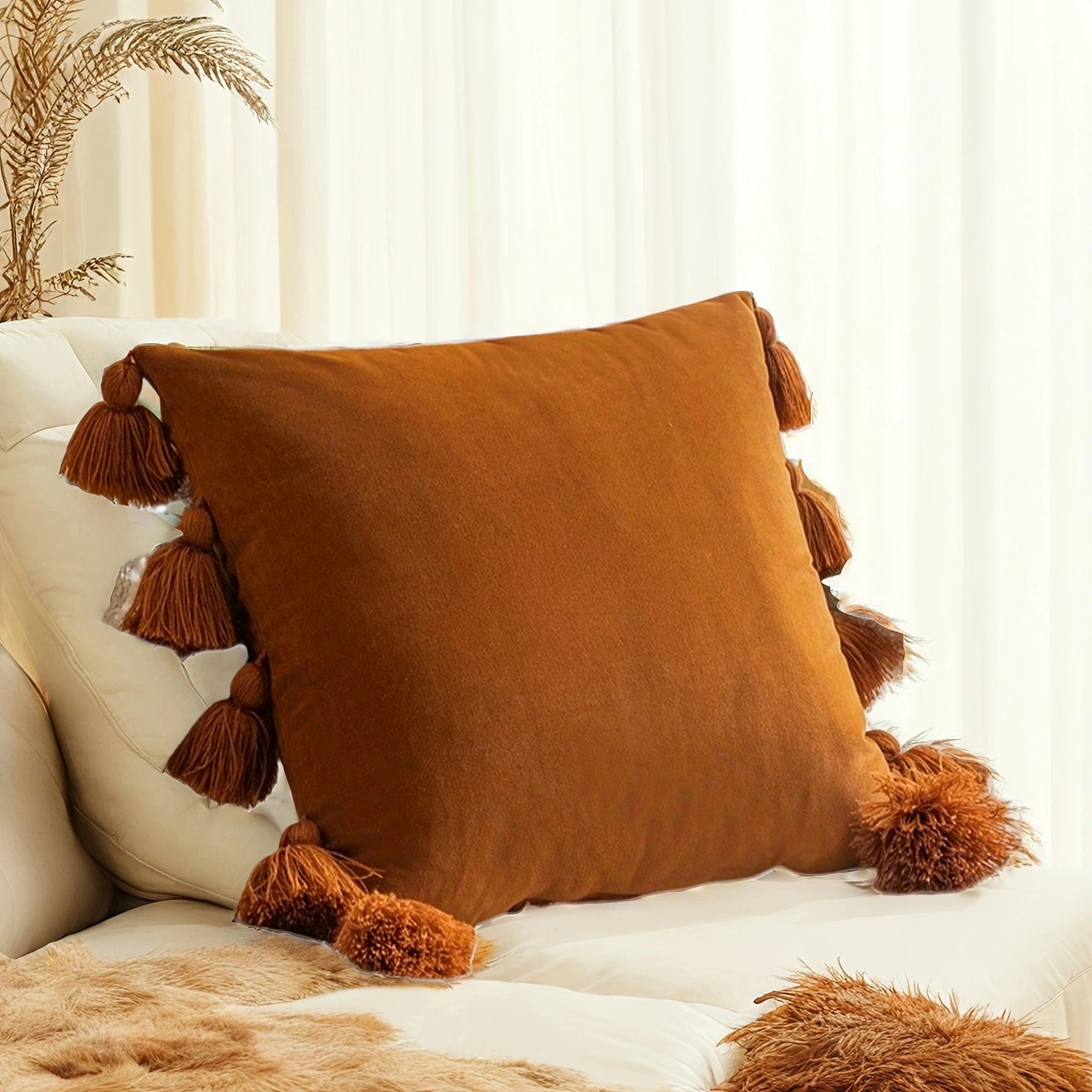 1Pcsolid Decorative Throw Pillow Cover with Tassels Boho Accent Cushion Case for Couch Bedroom Car