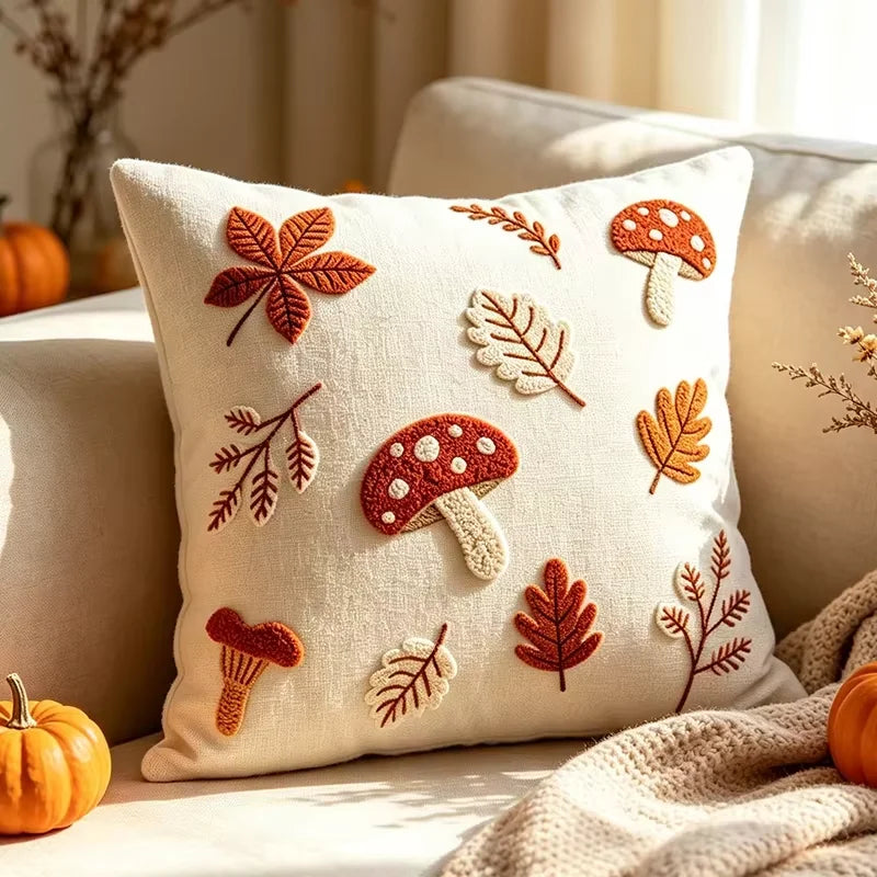 Autumn Throw Pillow Covers Jacquard Embroidery Ginkgo&Maple Leaf Wheat Cushion Case for Home Living Room Thanksgiving Decor
