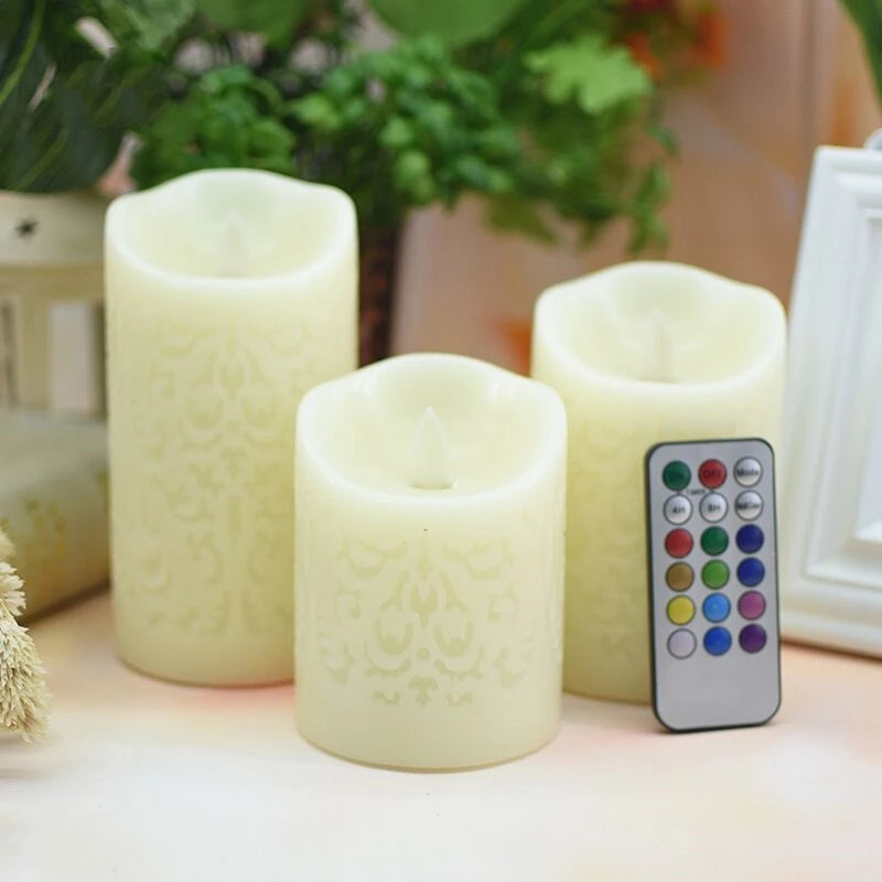 Remote Controlled Carved 3D Moroccan Flickering Candle Color Changing Paraffin LED Pillar Candle Battery Operated Dancing Wick