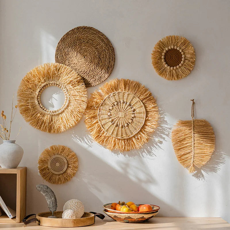 Wabi Sabi Raffia Wind Chime Minimalist Wall Hanging Decor for Bedroom Bathroom Living Room