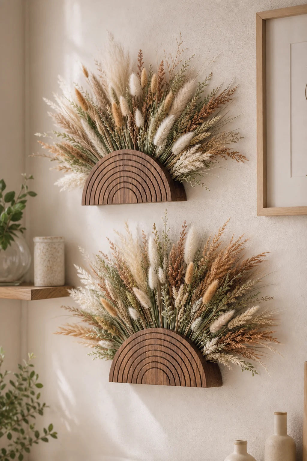 Rustic Rainbow Wooden Wall Planter Pocket Vase Boho Farmhouse Living Room Entryway Floral & Dried Grass Wall Hanging Home Decor