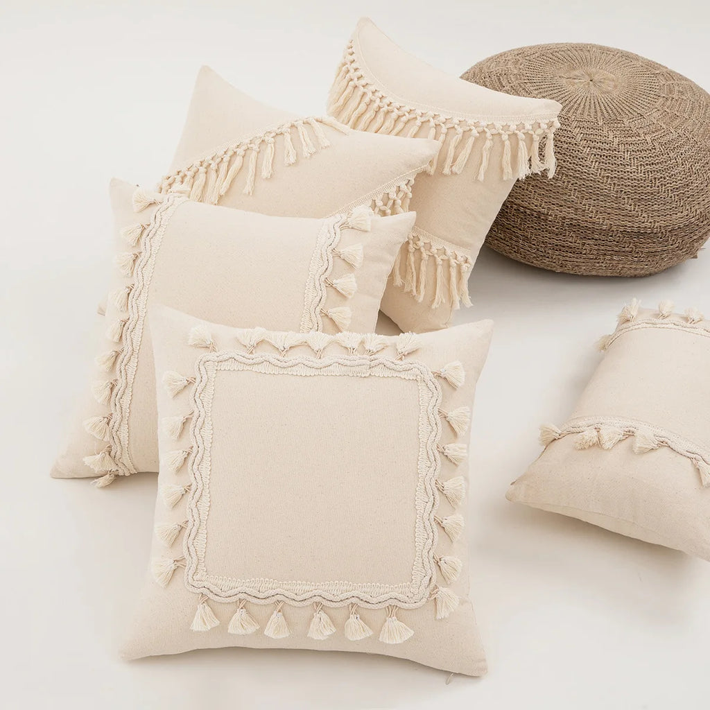 Boho Throw Pillow Covers 20X20Inch Neutral Pillow Covers with Tassels Modern Farmhouse Pillow Covers Decorative Pillow Covers