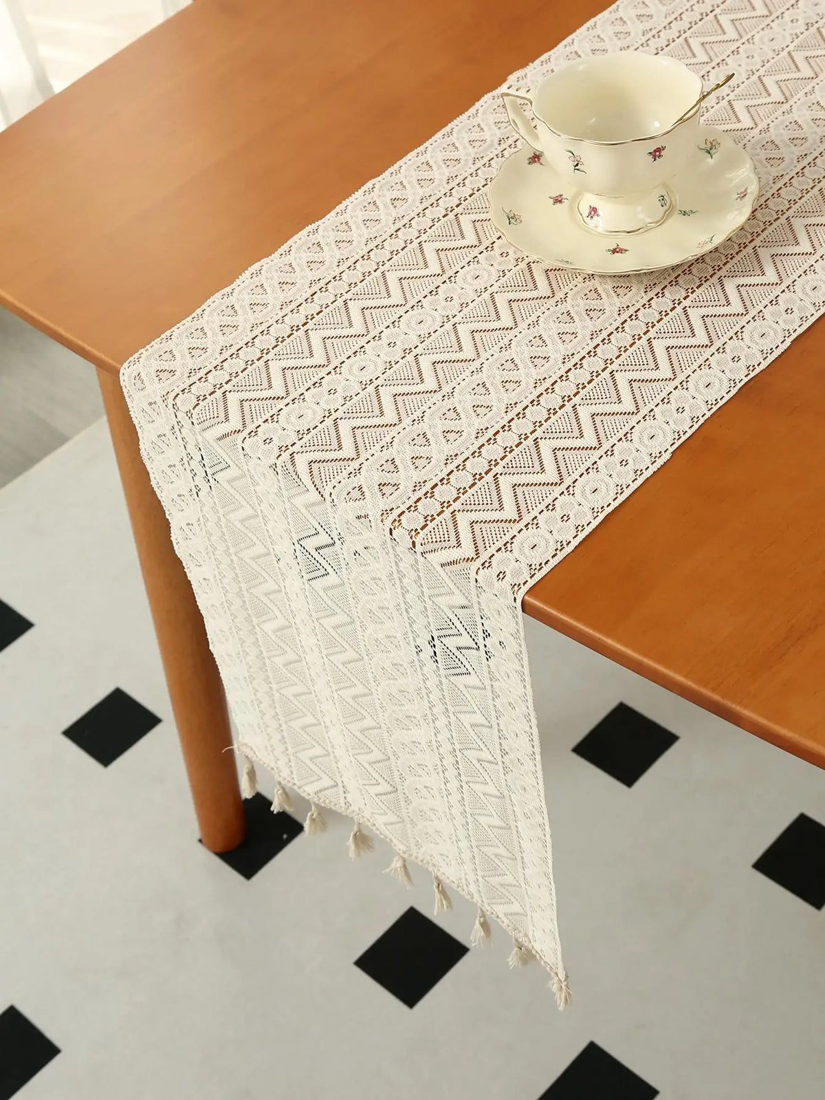 Beige Table Runner Lace Cotton Blended Fabric with Tassel for Coffee Table Decor Wedding Decoration