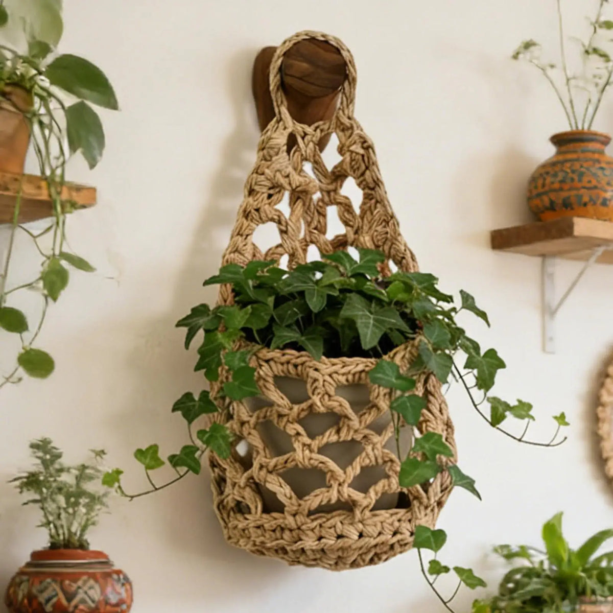 Boho Macrame Plant Hangerbasket for Succulents Cotton Rope Woven Hanging Basket with Net Pouch Home Decoration Organizer