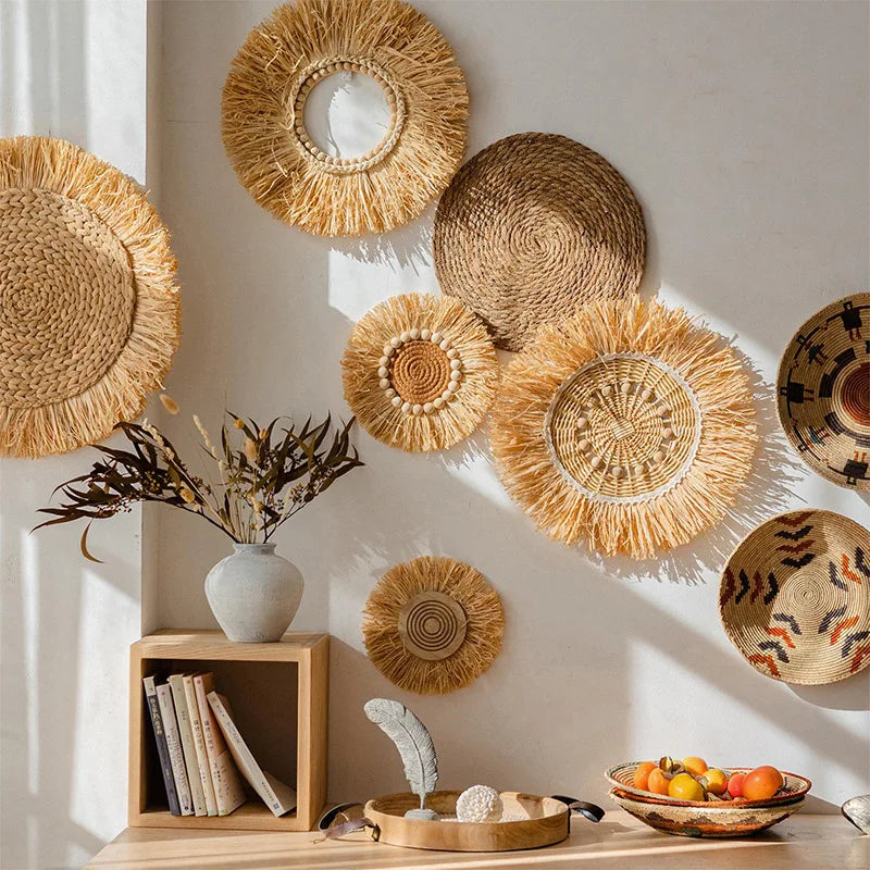 Wabi Sabi Raffia Wind Chime Minimalist Wall Hanging Decor for Bedroom Bathroom Living Room