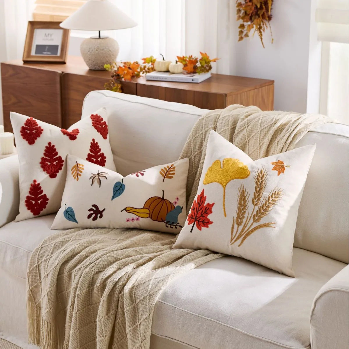 Autumn Throw Pillow Covers Jacquard Embroidery Ginkgo&Maple Leaf Wheat Cushion Case for Home Living Room Thanksgiving Decor