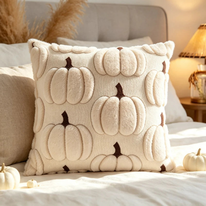 3D Jacquard Pumpkin Throw Pillow Covers, Halloween Plush Cushion Covers, Fall Holiday Square Pillowcases for Sofa Home Party