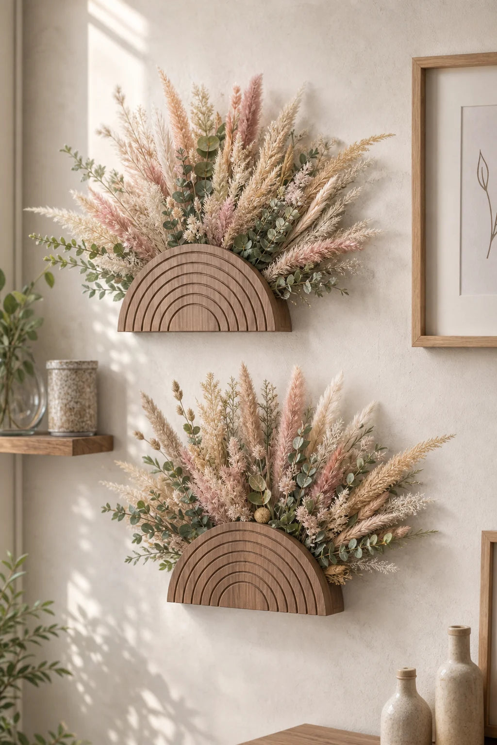 Rustic Rainbow Wooden Wall Planter Pocket Vase Boho Farmhouse Living Room Entryway Floral & Dried Grass Wall Hanging Home Decor