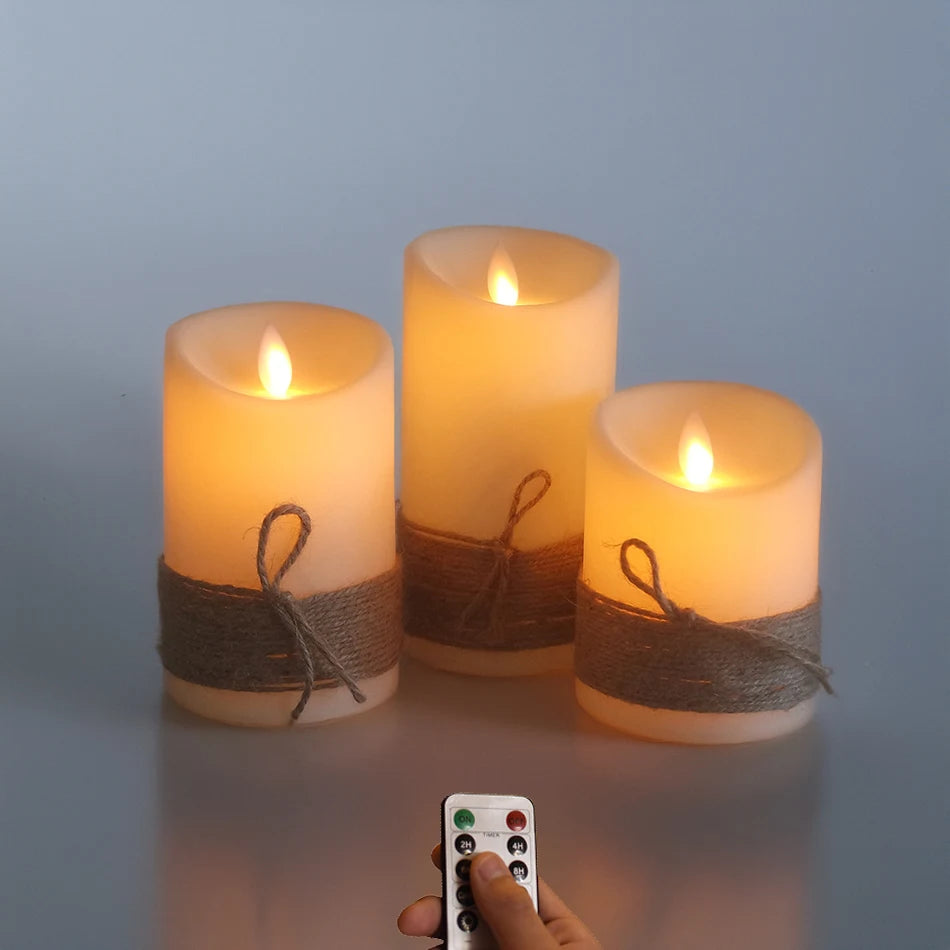LED Candles with Dancing Flame,Vintage Rope String Wrapping,Battery Operated or USB Rechargeable Option,Ambiance Lamp, 3 Pcs/Set