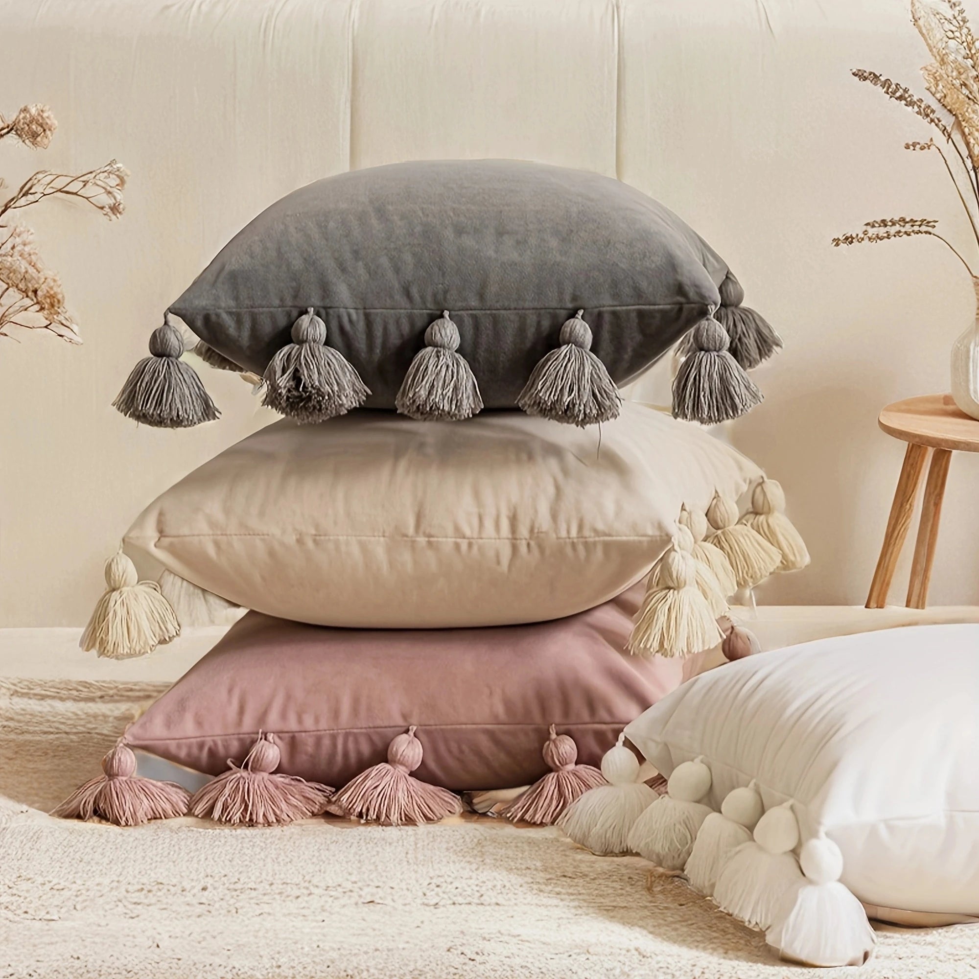 1Pcsolid Decorative Throw Pillow Cover with Tassels Boho Accent Cushion Case for Couch Bedroom Car
