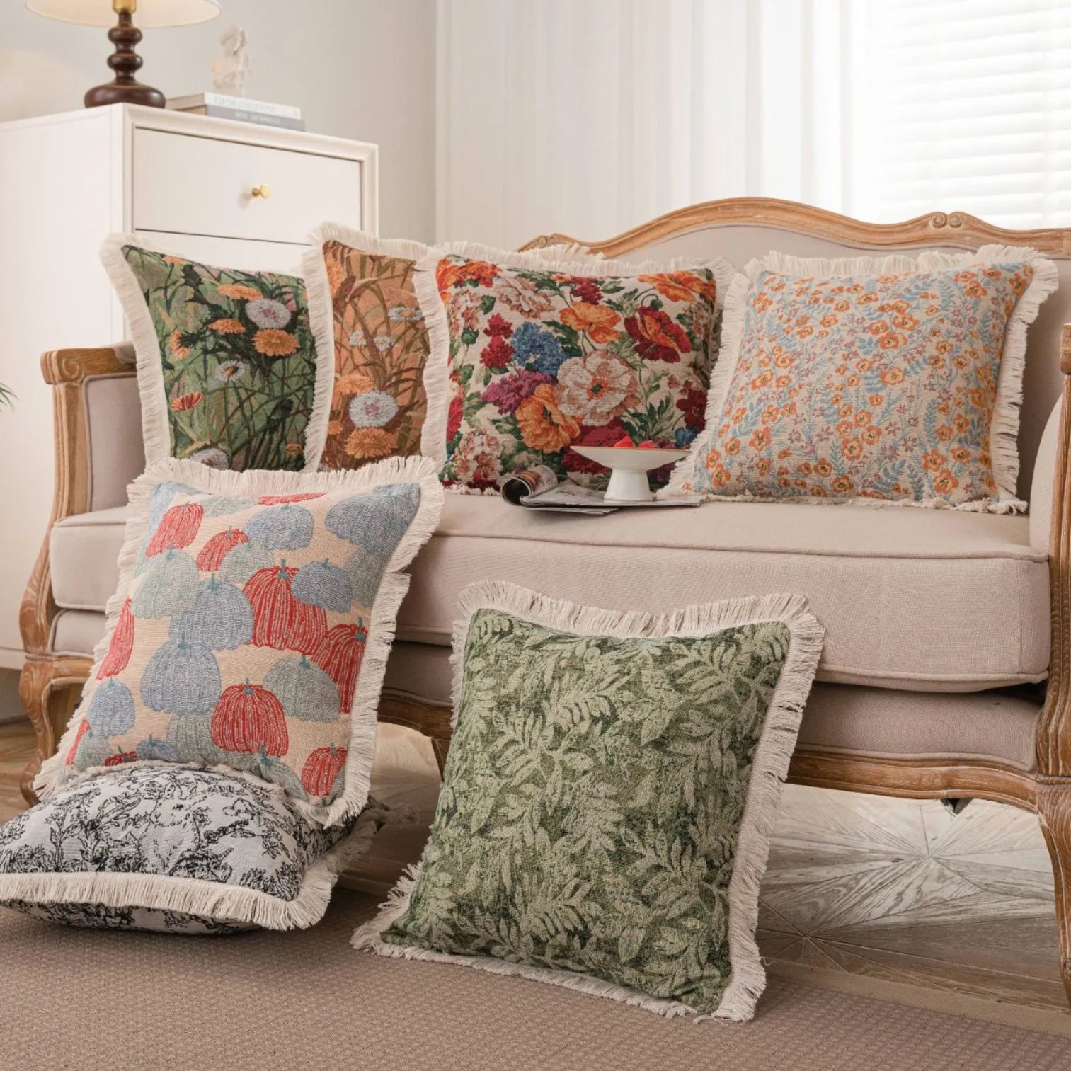 Luxury Floral Cushion Covers Oil Painting Art Pillow Cover Jacquard Tassels Vintage Pillowcase for Home Living Room Decor