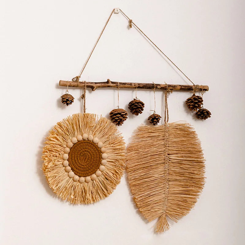 Wabi Sabi Raffia Wind Chime Minimalist Wall Hanging Decor for Bedroom Bathroom Living Room