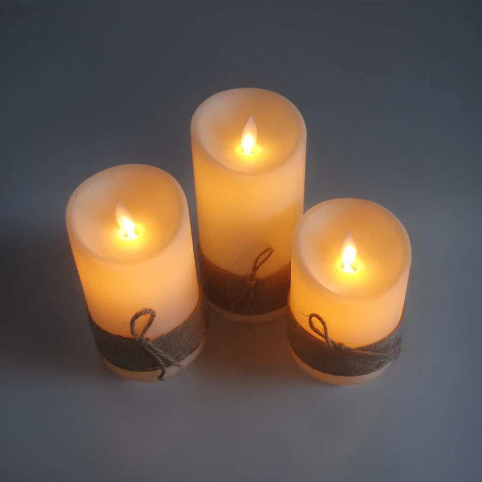LED Candles with Dancing Flame,Vintage Rope String Wrapping,Battery Operated or USB Rechargeable Option,Ambiance Lamp, 3 Pcs/Set