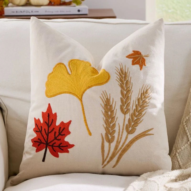 Autumn Throw Pillow Covers Jacquard Embroidery Ginkgo&Maple Leaf Wheat Cushion Case for Home Living Room Thanksgiving Decor