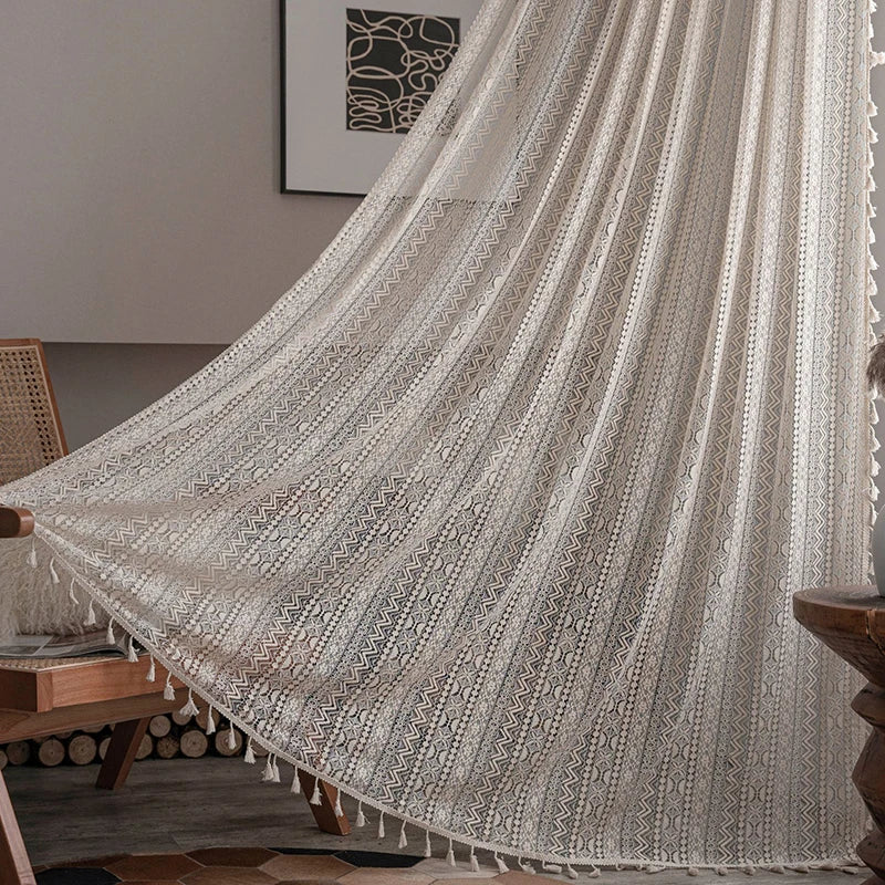 Boho Curtain Crochet Lace Semi-Sheer Hollow Knitted with Tassels Home Decoration for Kitchen Living Room Bedroom Window Curtains