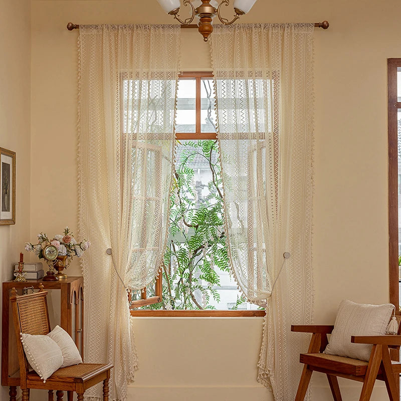 Boho Curtain Crochet Lace Semi-Sheer Hollow Knitted with Tassels Home Decoration for Kitchen Living Room Bedroom Window Curtains