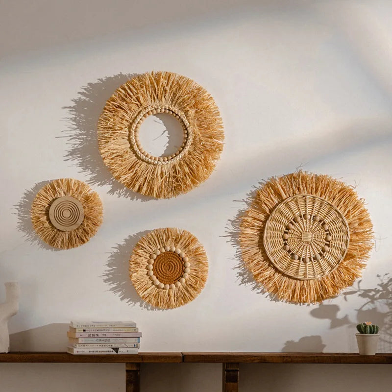 Wabi Sabi Raffia Wind Chime Minimalist Wall Hanging Decor for Bedroom Bathroom Living Room