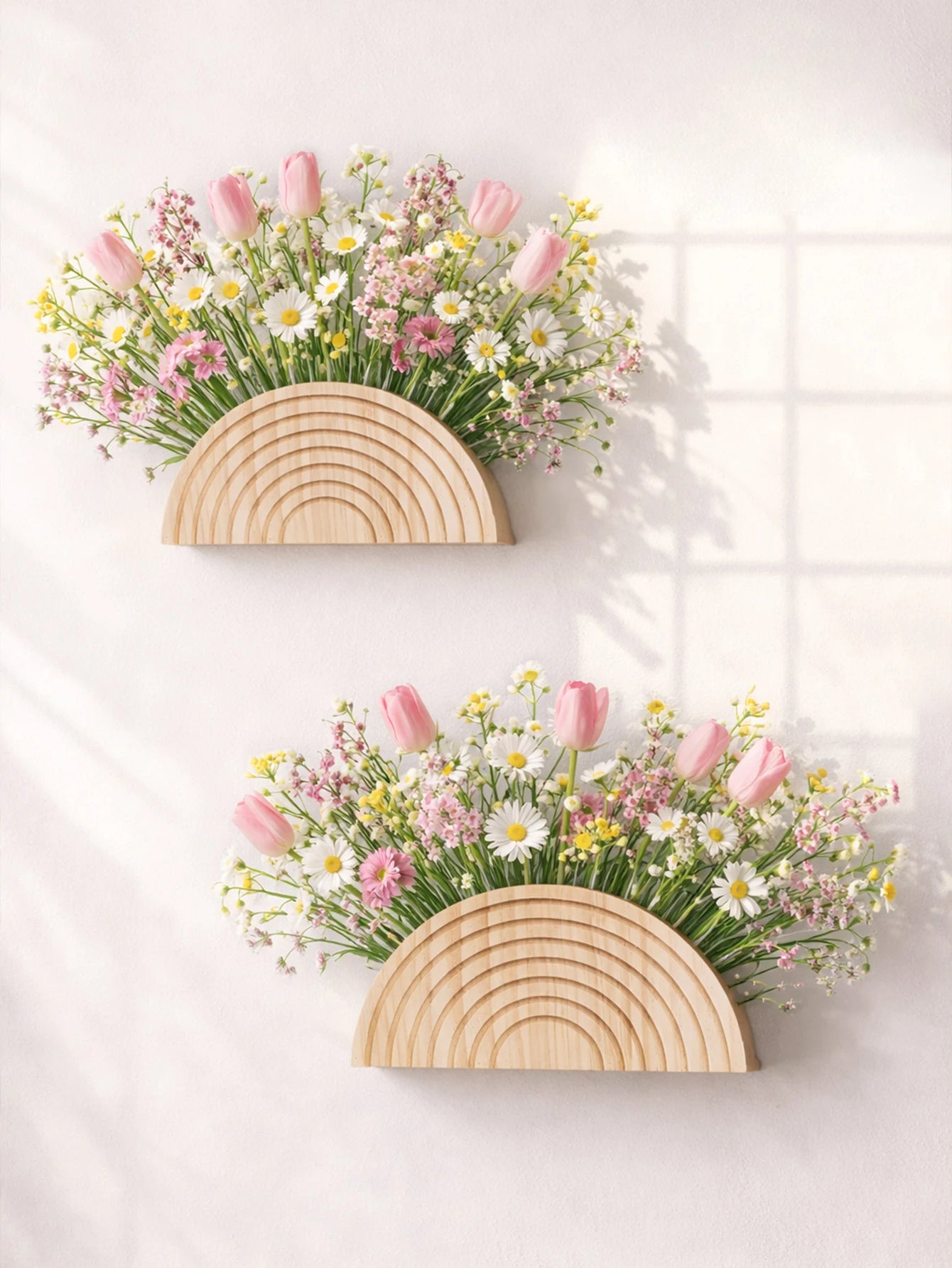 Rustic Rainbow Wooden Wall Planter Pocket Vase Boho Farmhouse Living Room Entryway Floral & Dried Grass Wall Hanging Home Decor