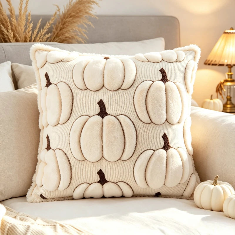 3D Jacquard Pumpkin Throw Pillow Covers, Halloween Plush Cushion Covers, Fall Holiday Square Pillowcases for Sofa Home Party