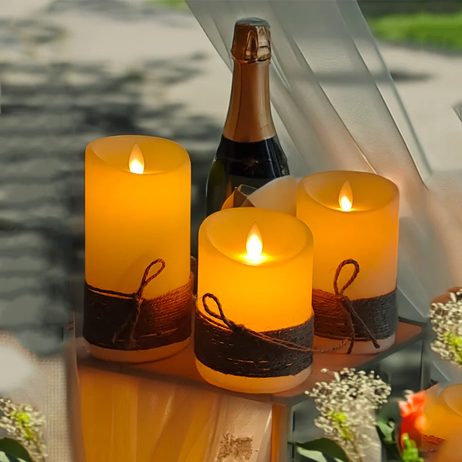 LED Candles with Dancing Flame,Vintage Rope String Wrapping,Battery Operated or USB Rechargeable Option,Ambiance Lamp, 3 Pcs/Set