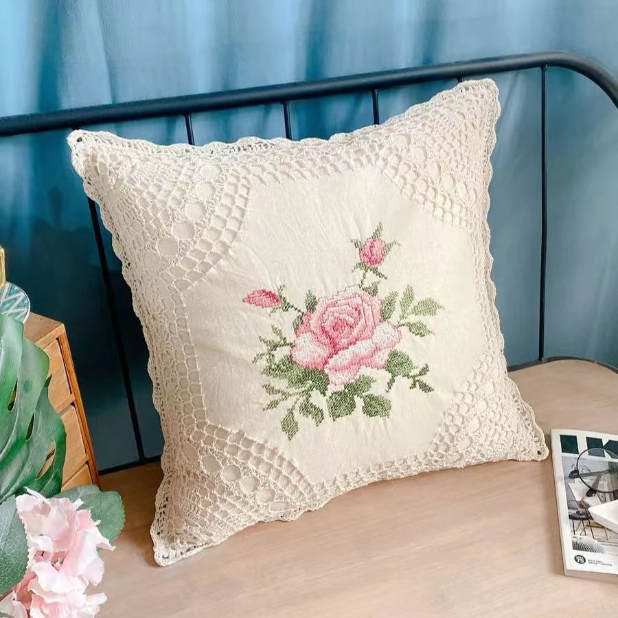 Boho Embroidered Crochet Pillow Covers Decorative Retro Handmade Woven Cotton Pillow Case Beige Square Cushion Cover Home Decor
