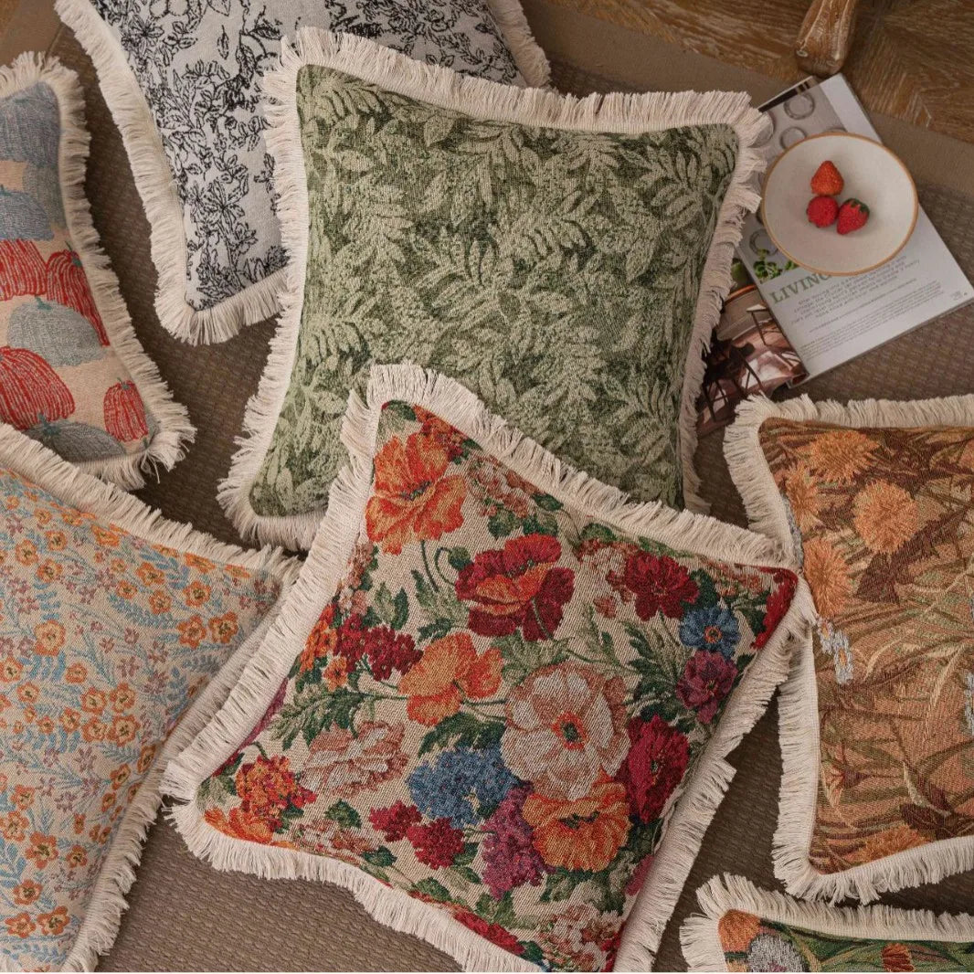 Luxury Floral Cushion Covers Oil Painting Art Pillow Cover Jacquard Tassels Vintage Pillowcase for Home Living Room Decor