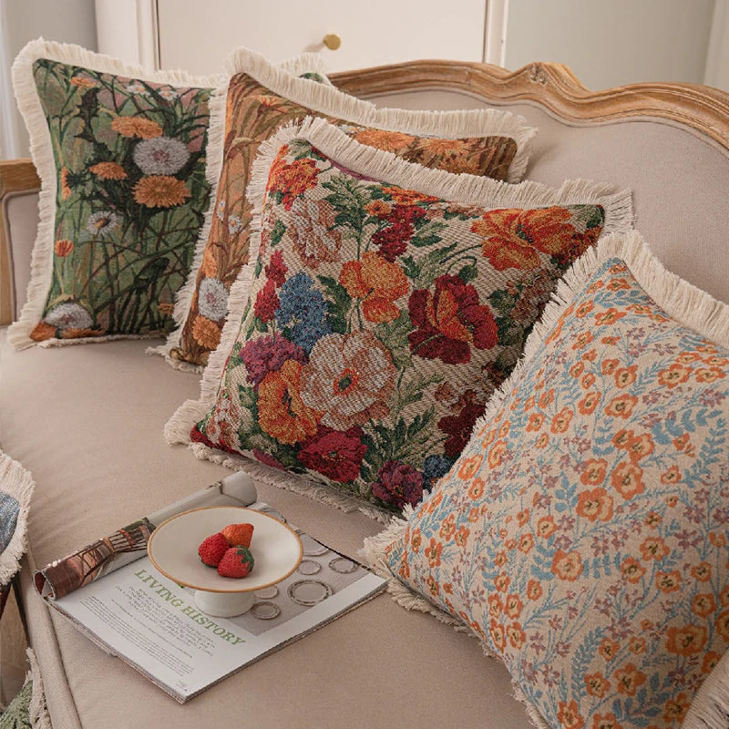 Luxury Floral Cushion Covers Oil Painting Art Pillow Cover Jacquard Tassels Vintage Pillowcase for Home Living Room Decor