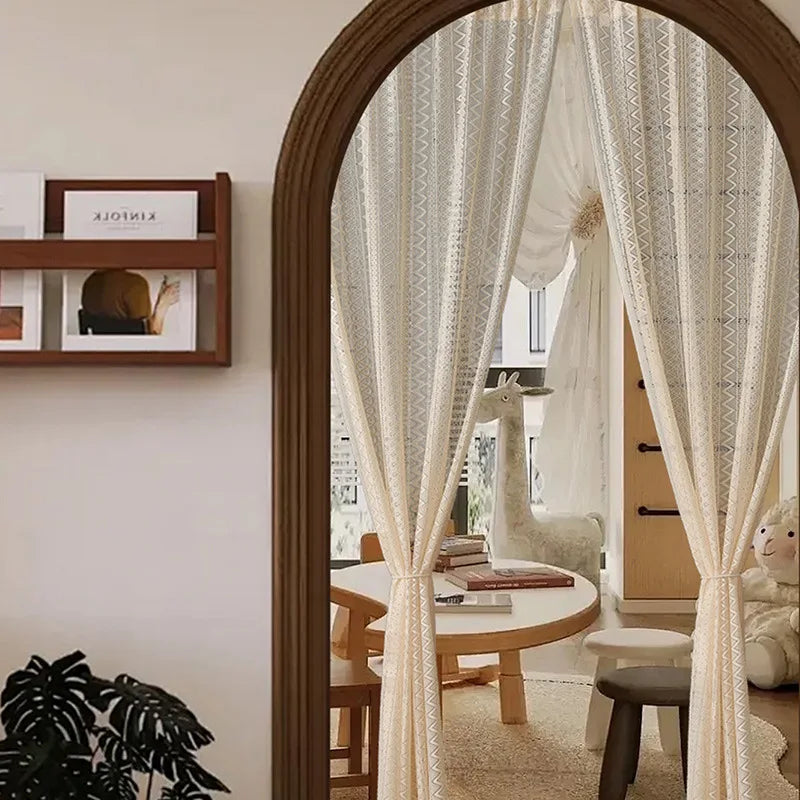 Boho Curtain Crochet Lace Semi-Sheer Hollow Knitted with Tassels Home Decoration for Kitchen Living Room Bedroom Window Curtains