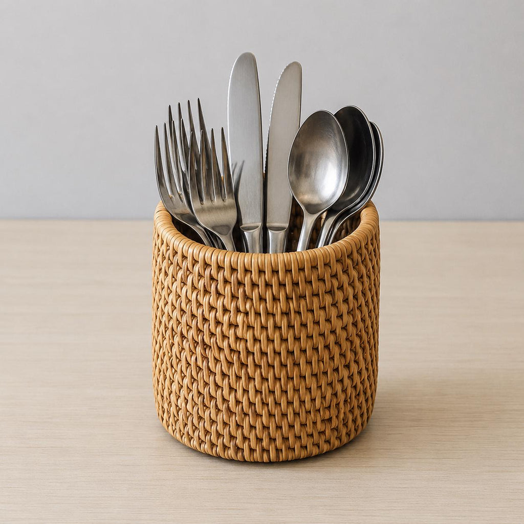 Handmade Rattan Utensil Holder Basket, Woven Cutlery Organizer, Rustic Kitchen Storage