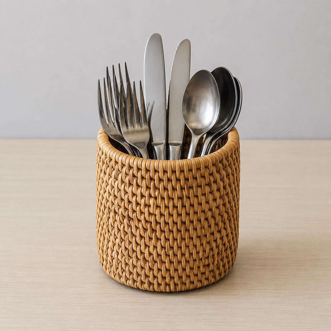 Handmade Rattan Utensil Holder Basket, Woven Cutlery Organizer, Rustic Kitchen Storage