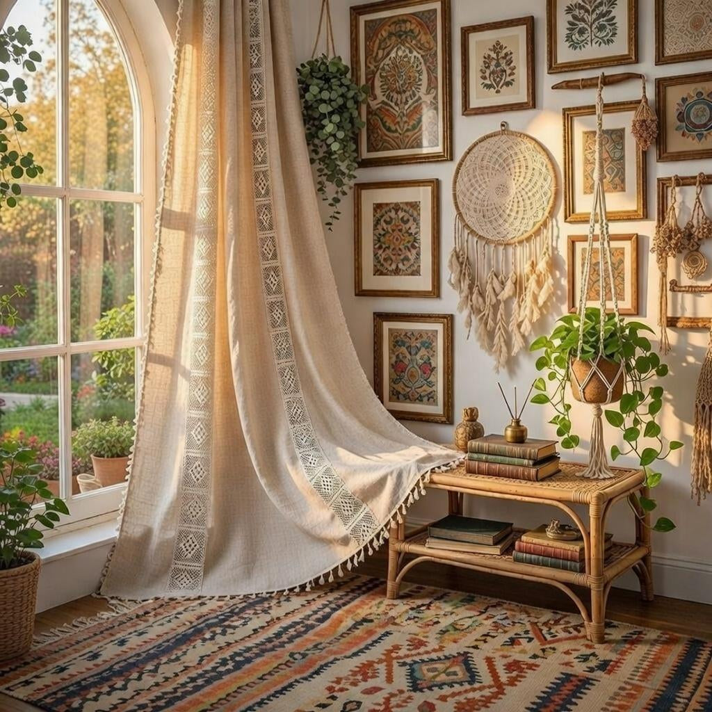 Crochet Lace Curtains Handmade Boho Tassel Trim Semi 