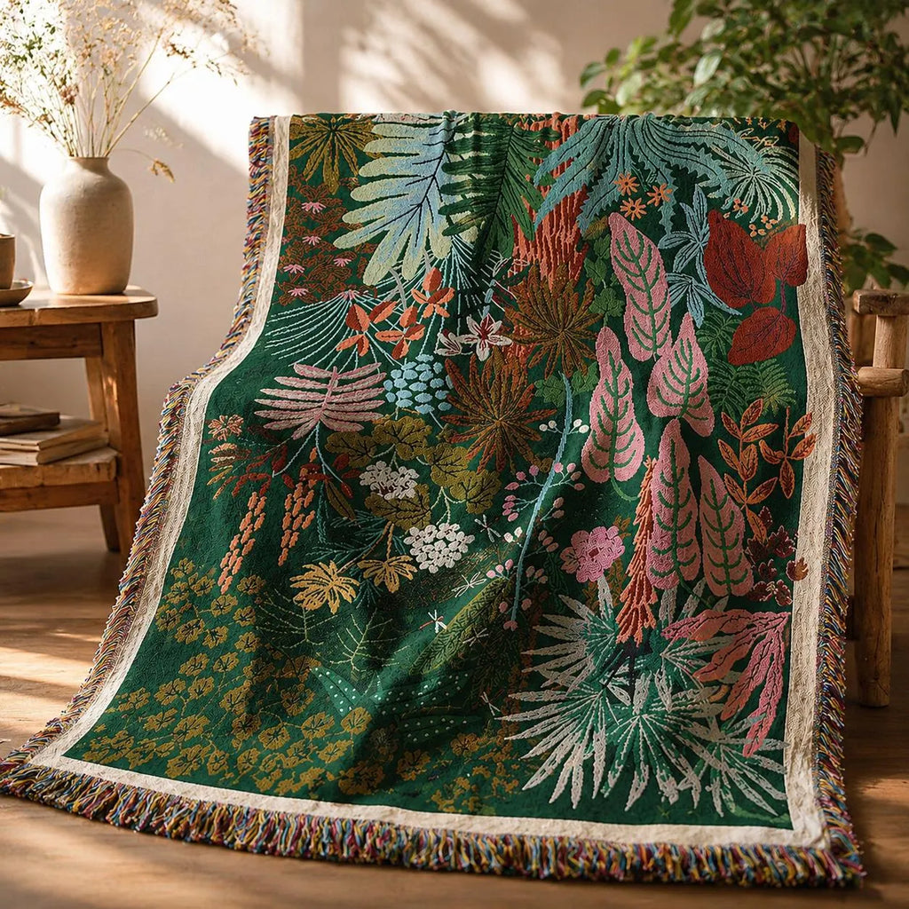 Boho Tropical Leaf Woven Throw Blanket