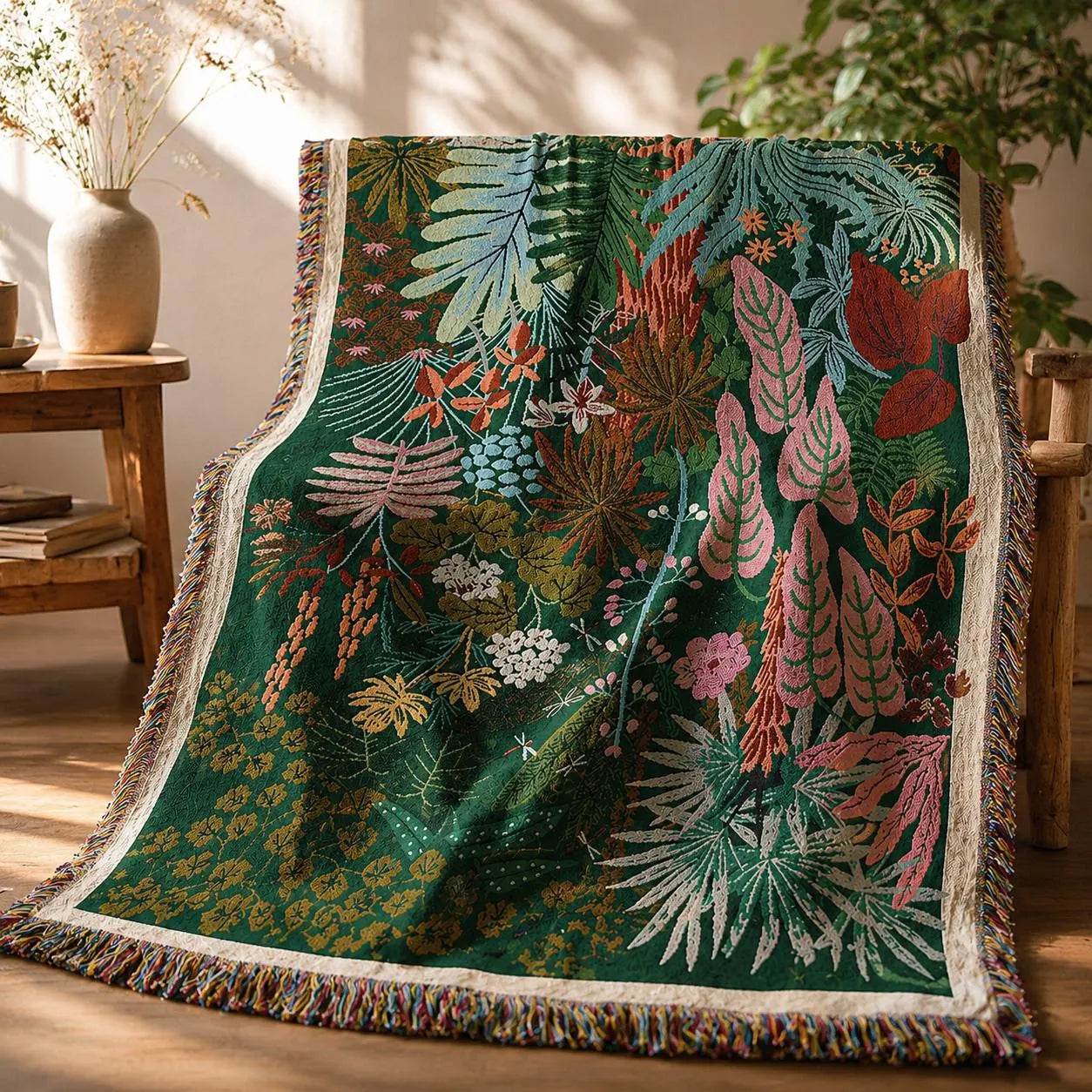 Boho Tropical Leaf Woven Throw Blanket