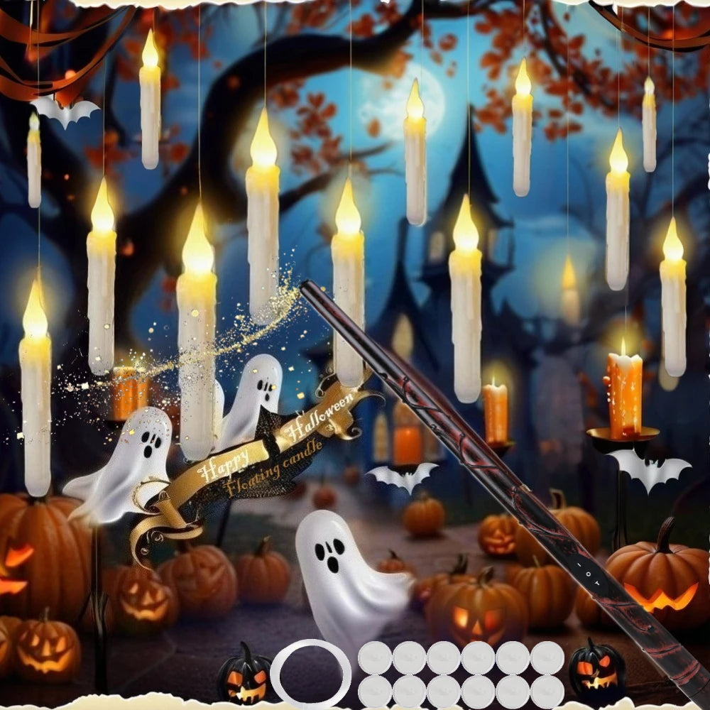 12/48 Pcs LED Floating Candles with Magic Wand Remote Flameless Flying Candle Flickering Warm Light for Halloween Holiday Decor