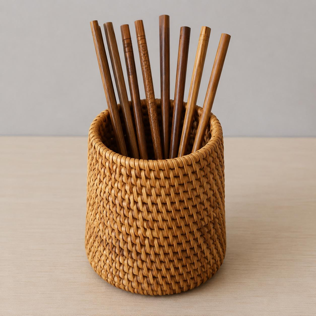 Handmade Rattan Utensil Holder Basket, Woven Cutlery Organizer, Rustic Kitchen Storage