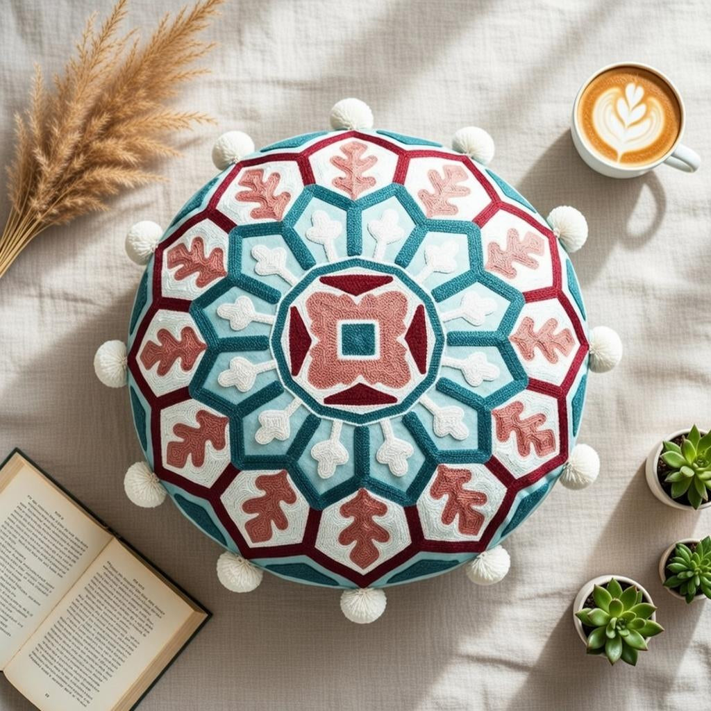 Embroidered Boho Round Mandala Pillow Cover 