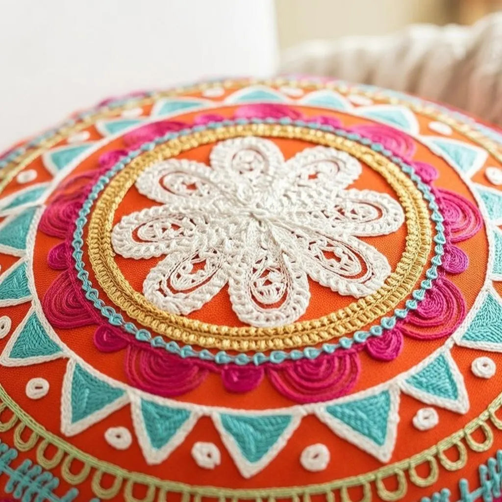 Embroidered Boho Round Mandala Pillow Cover 