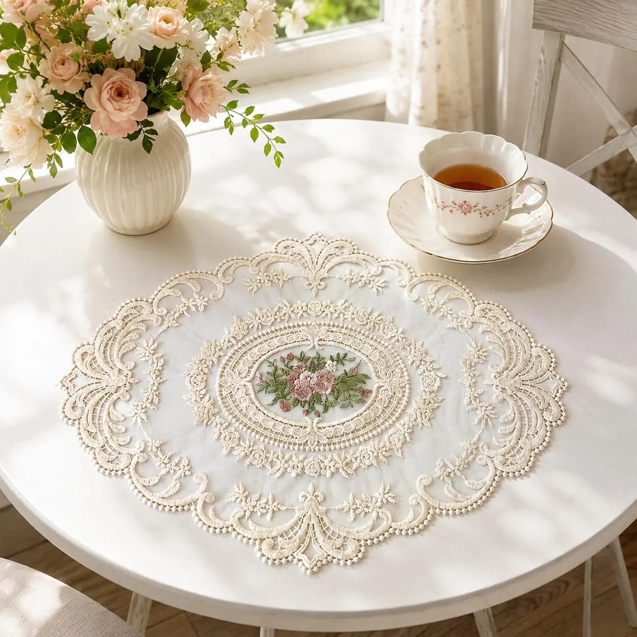 Vintage Cottagecore Decor, Floral Rose Embroidery, Oval Lace Table Mat, Doily Crochet Pattern Gift