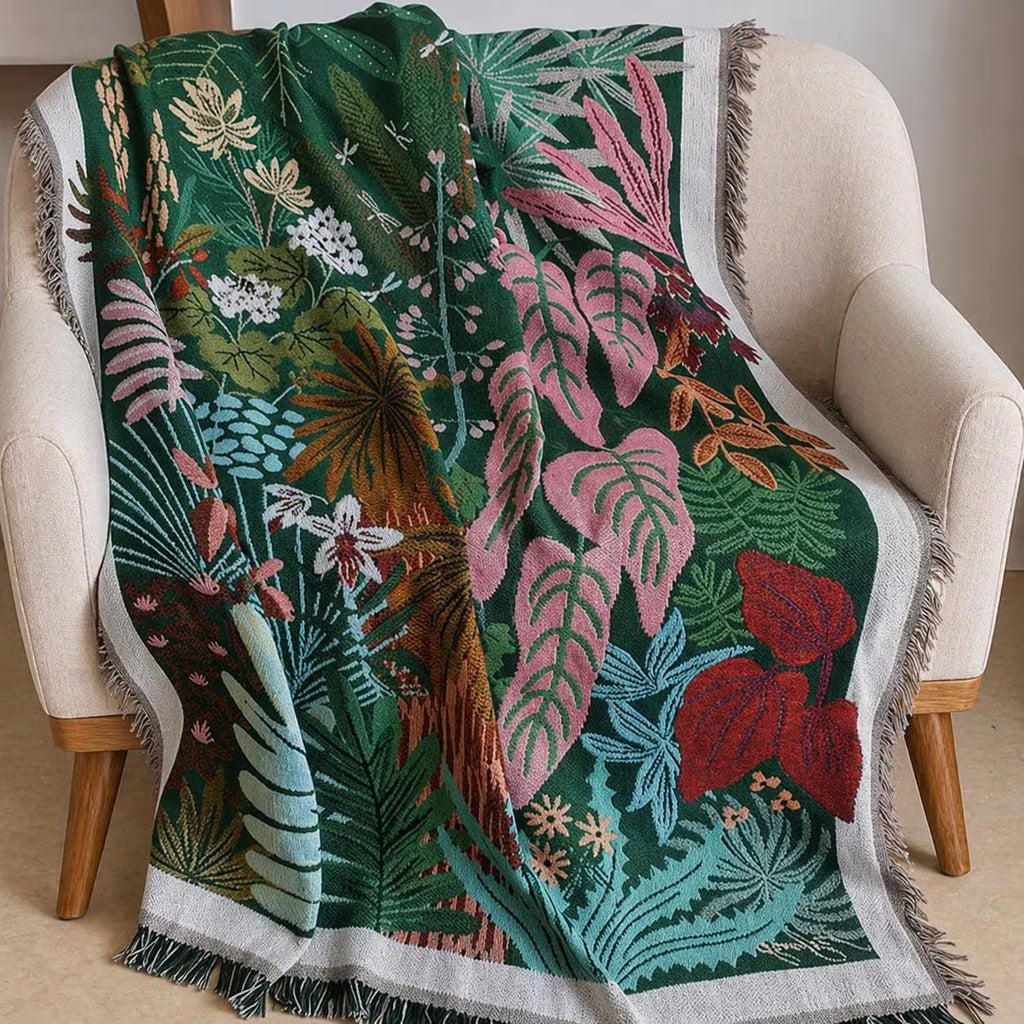 Boho Tropical Leaf Woven Throw Blanket