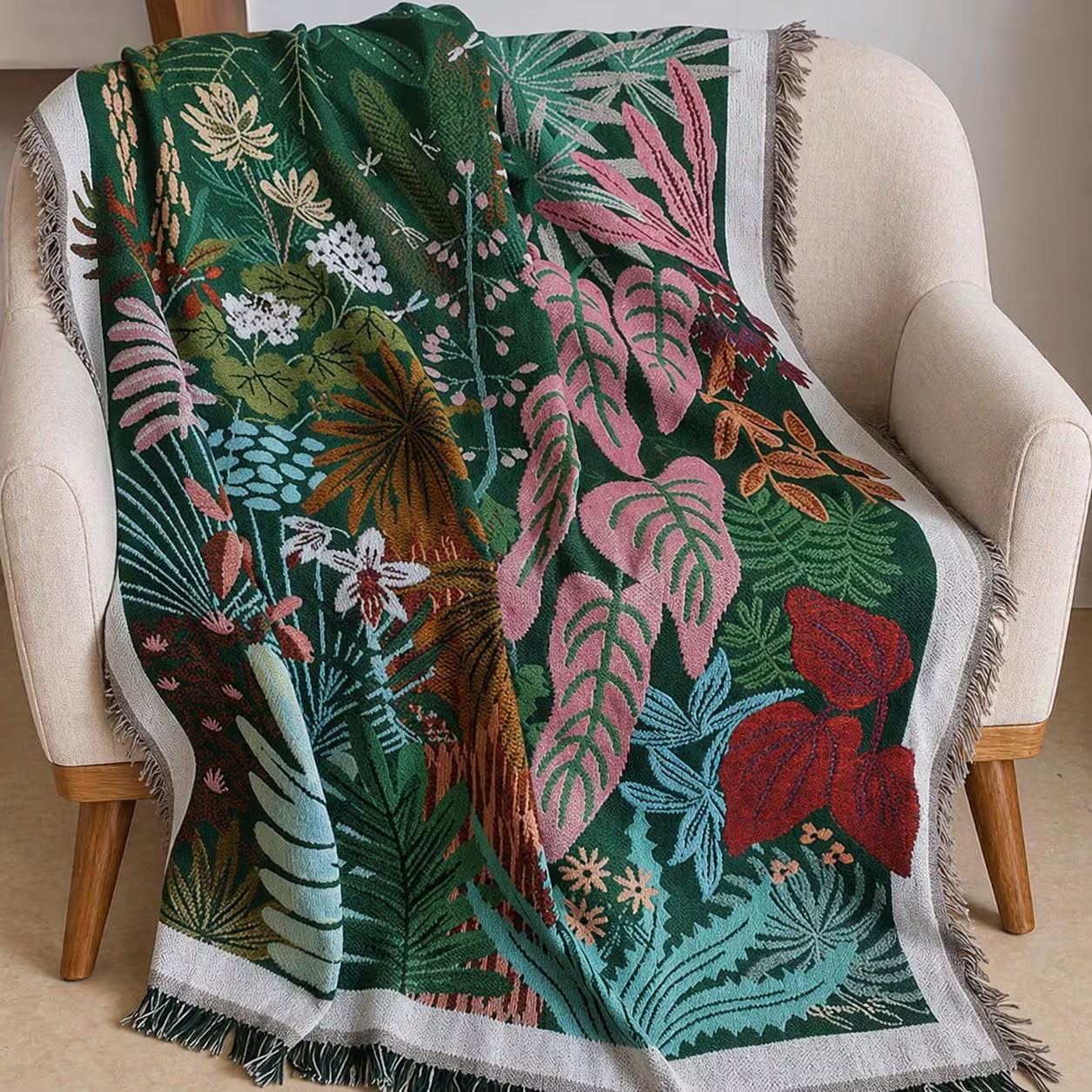 Boho Tropical Leaf Woven Throw Blanket