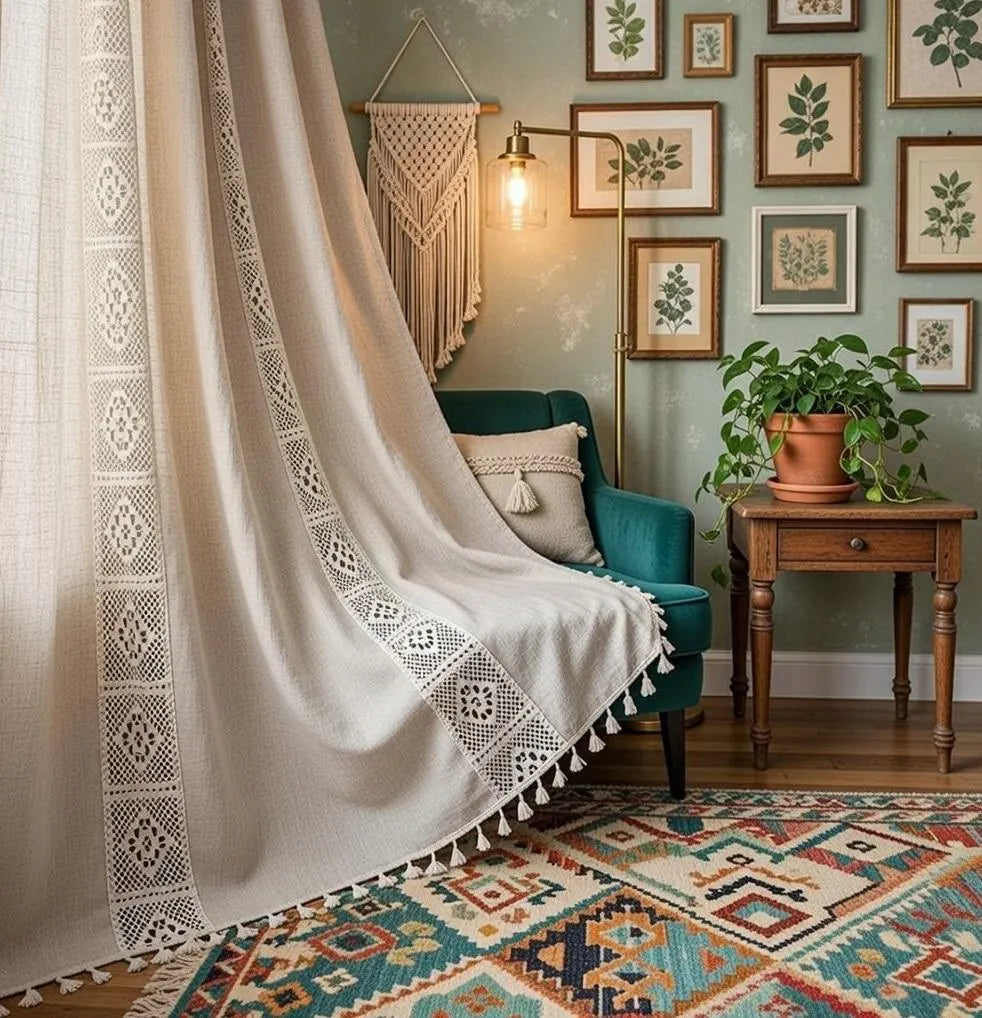 Crochet Lace Curtains Handmade Boho Tassel Trim Semi 
