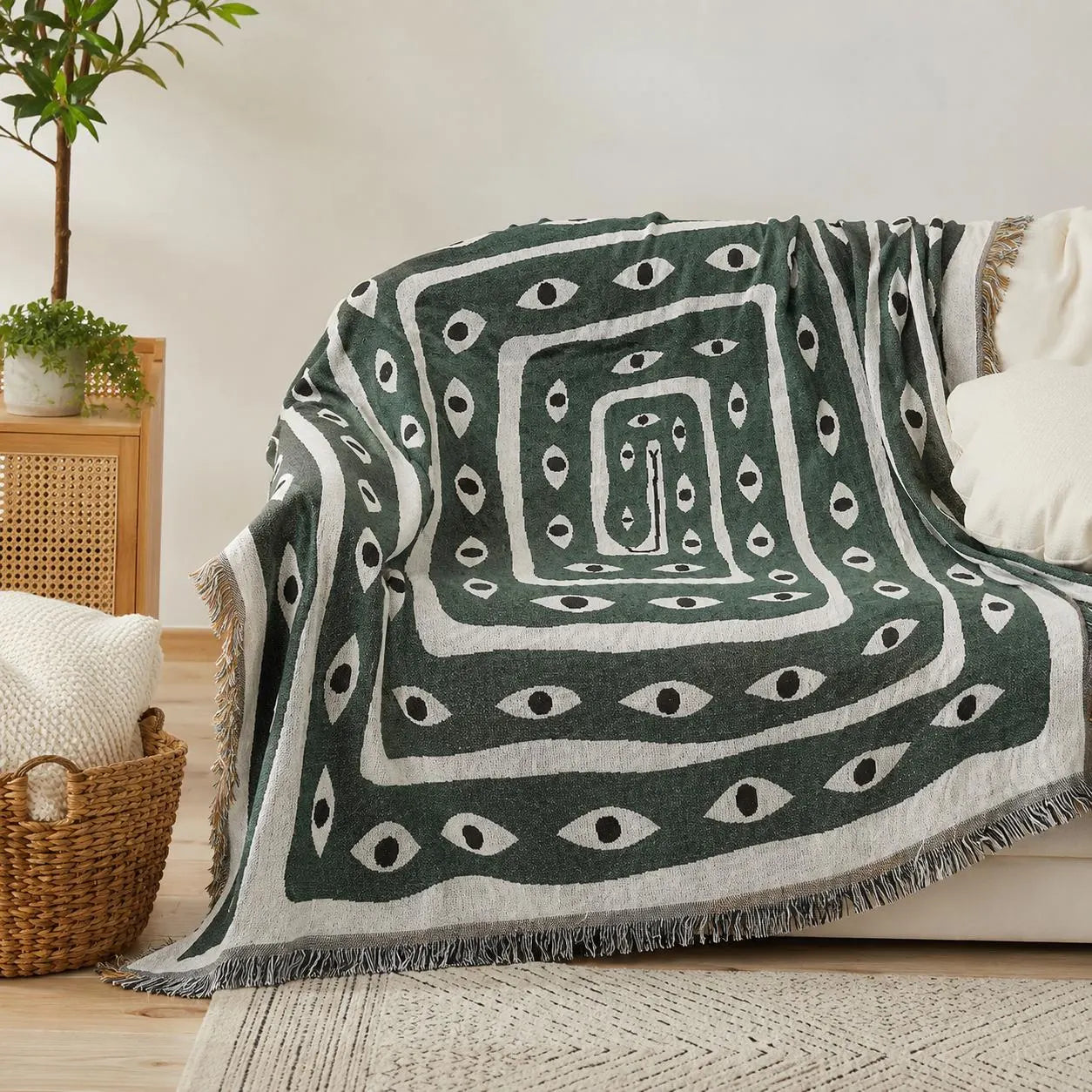 Boho Woven Green Evil Eye Throw Blanket