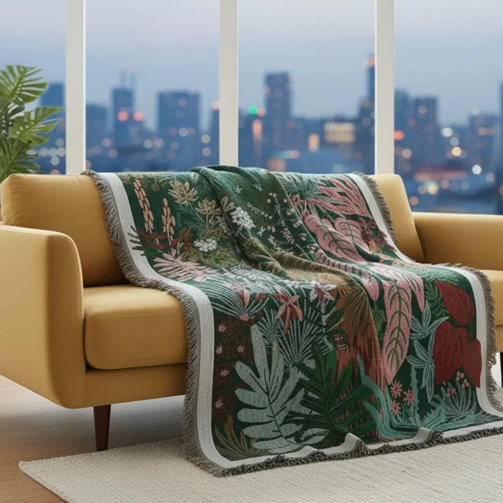 Boho Tropical Leaf Woven Throw Blanket